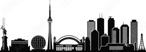 Toronto skyline silhouette, CN Tower, Rogers Centre, black and white cityscape, iconic buildings, urban landmark, minimalist vector, Canada architecture