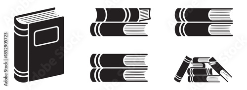 Various book icons in solid black fill, showcasing different types of books and stacks of books