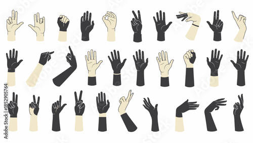 Diverse hand gestures illustration: various positions, signs, and expressions in black and white.
