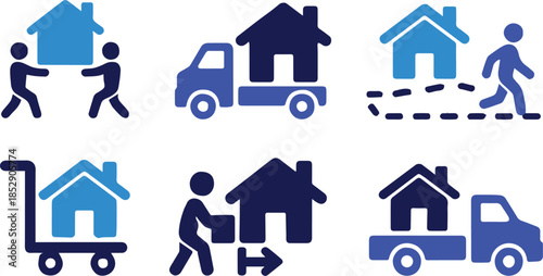 moving flat icon set illustrating relocation steps boxes truck and team