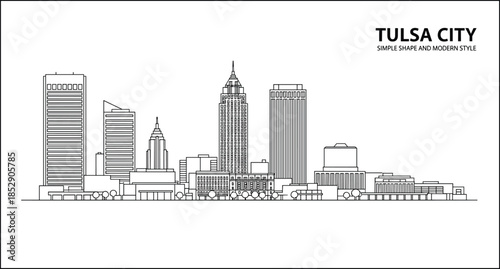 Tulsa city skyline line drawing, black and white minimalist cityscape, modern architectural silhouettes, skyline illustration, trees and spires, clean vector