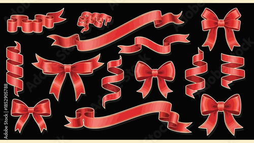 A collection of red ribbons and bows with gold trim on a black background.