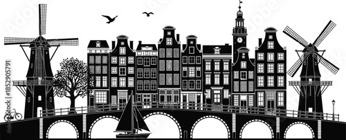 Traditional Dutch city silhouette featuring historic canal houses, windmills, stone bridge, sailing boat, and bicycles in classic Amsterdam waterfront style. (20 words)