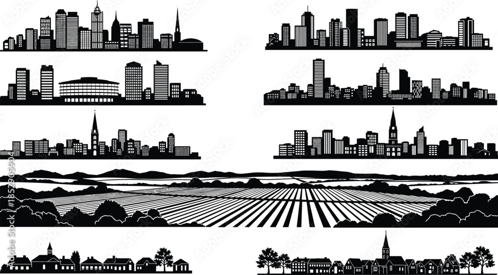 Obraz premium Urban skyline silhouettes, rural landscape vector, cityscape illustration, village scene, architectural contrast, black and white buildings, countryside, church, trees, hills