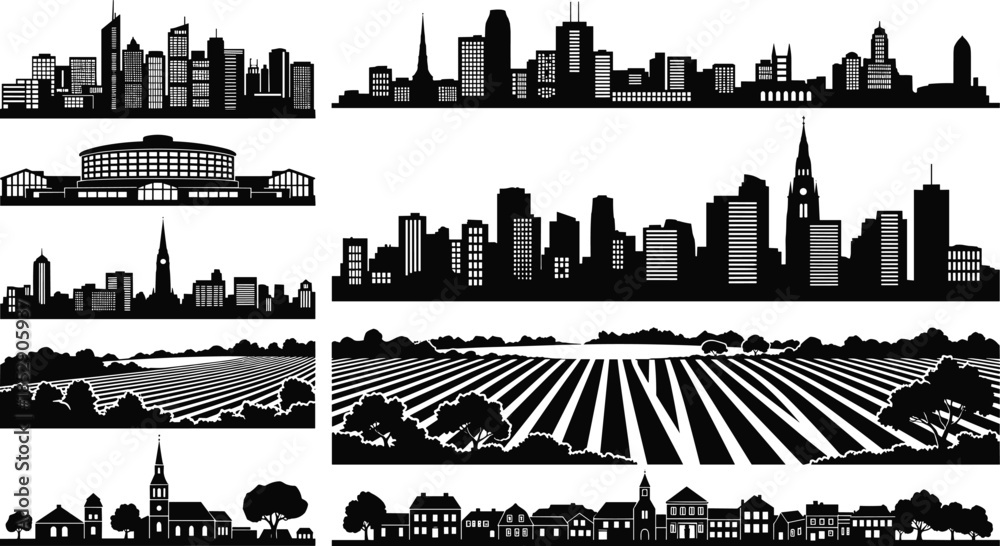 Obraz premium Urban skyline, rural farmland, suburban village, cityscape silhouettes, architectural diversity, black and white illustration, environment contrast, landscape types, Adobe Stock