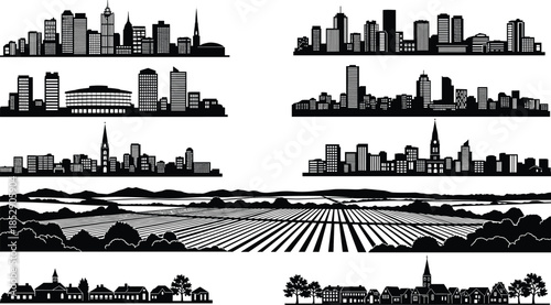 Urban skyline silhouettes, rural landscape vector, cityscape illustration, village scene, architectural contrast, black and white buildings, countryside, church, trees, hills