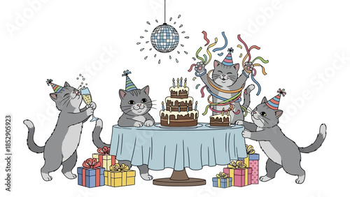 Whimsical Feline Celebration A Group of Adorable Kittens Enjoying a Festive Birthday Party with Cake and Confetti