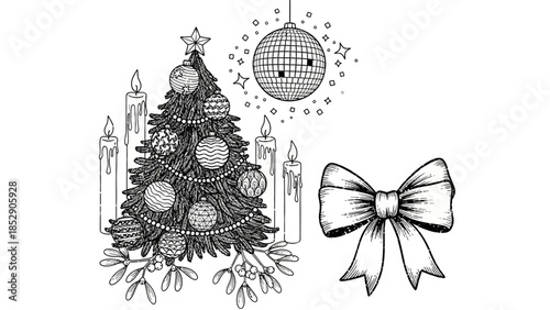 A detailed black and white illustration of a decorated Christmas tree with ornaments, candles, mistletoe, a disco ball, and a bow.