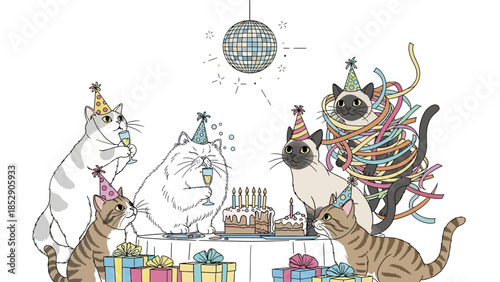 A delightful illustration of cats celebrating a birthday party with cake and festive decorations