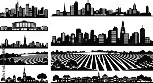 Urban skyline, rural farmland, suburban village, cityscape silhouettes, architectural diversity, black and white illustration, environment contrast, landscape types, Adobe Stock