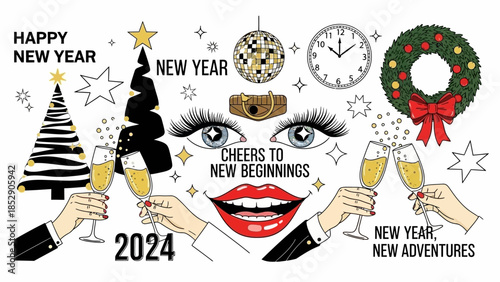 New Year's Eve 2024 illustration with champagne, clock, wreath, and festive elements.