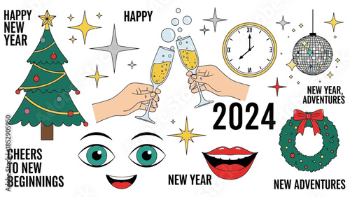 A vibrant collection of New Year's Eve celebration elements including a Christmas tree, champagne glasses, a clock, a disco ball, and festive text.