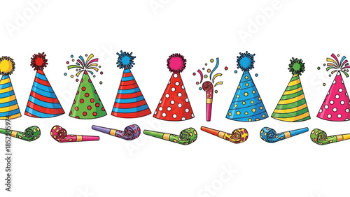 Colorful collection of festive birthday hats and noisemakers, perfect for party celebrations and decorations