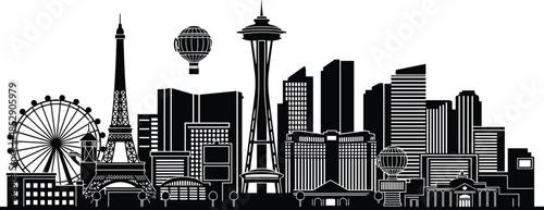 Vector silhouette of global landmarks featuring Eiffel Tower, Space Needle, Ferris wheel, and skyscrapers for travel and urban skyline concepts.