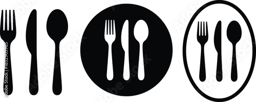 A collection of three stylized icons representing cutlery with fork, knife, and spoon silhouettes
