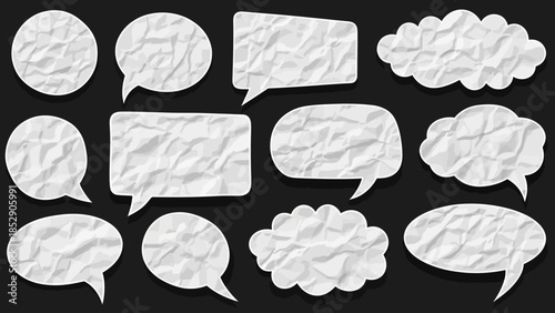 Collection of various white crumpled paper speech bubbles on a dark background, representing communication.