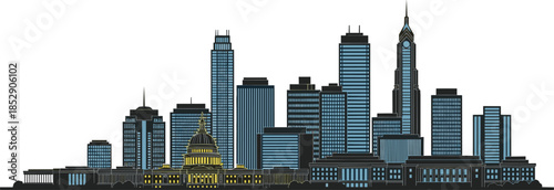 Washington DC city skyline stylized illustration with US Capitol building and urban skyscrapers cityscape for travel tourism and patriotic designs