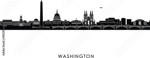 Washington DC city skyline silhouette featuring US Capitol, Washington Monument, Lincoln Memorial, National Cathedral, and Potomac River bridge on white.