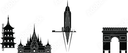 World famous landmark silhouettes collection featuring Japanese pagoda, Thai temple, modern skyscraper tower, and French Paris Arc de Triomphe icon set.