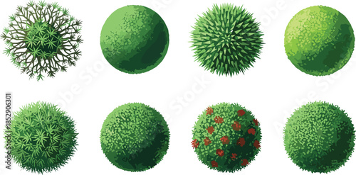 Top view round green bushes and shrubs vector set for landscape design garden planning natural foliage isolated white background
