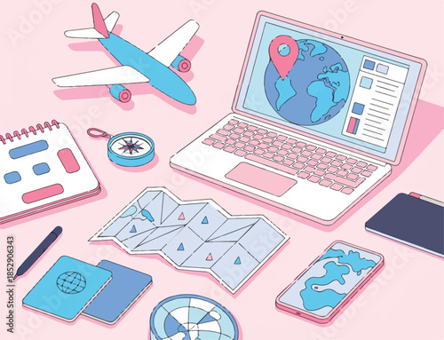 travel itinerary concept with globe laptop map passport and tags