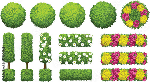 Top view flowering bushes hedges and garden trees vector set for landscape design park planning isolated white background