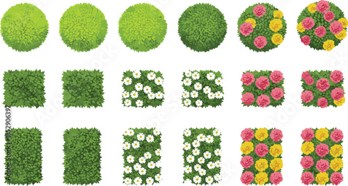 Top view flowering bushes and hedges vector set for garden landscaping park design decorative greenery isolated white background