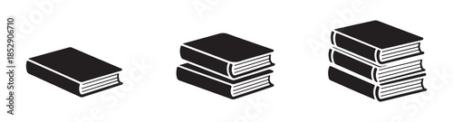 Set of black and white book icons in various configurations representing education, learning, and literature