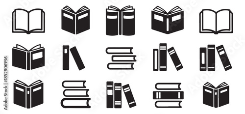 Collection of simple black and white book icons in various configurations, including open, closed, and stacked