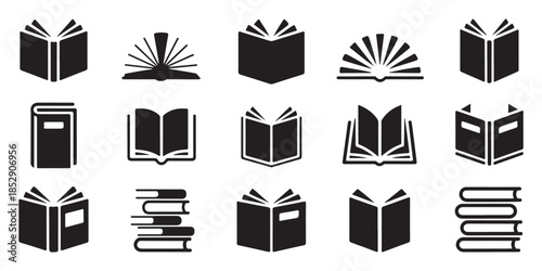 Diverse set of black book icons showing different open book perspectives and organized book arrangements