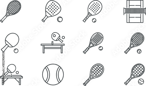 Set of thin line racket sports icons isolated on white background featuring tennis rackets paddle bats table tennis ping pong and court symbols