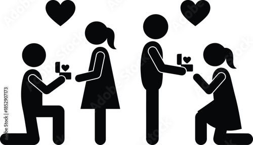 A stick figure illustration depicting both male-to-female and female-to-male proposals