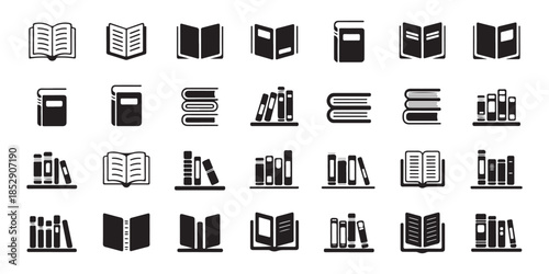Set of book icons, opened and closed book, book stack on shelf, school and education symbols, flat vector
