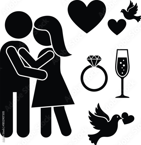 A collection of romantic icons representing love, celebration, and marriage proposal