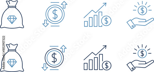Set of thin line finance icons isolated on white background featuring money bags with diamonds dollar coins growth charts and investment hands