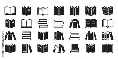 Set of book icons, opened and closed book, book stack on shelf, school and education symbols, flat vector