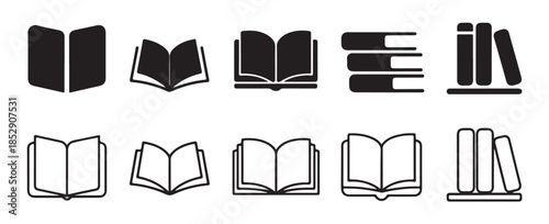 Set of black and white book icons, representing various forms of reading, education, and knowledge resources