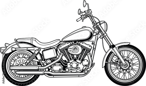 Classic motorcycle line art illustration detailed vintage cruiser bike side view isolated on white background for automotive design use