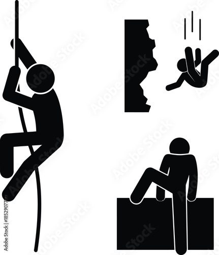 Stick figure illustrations of climbing, falling, and overcoming obstacles