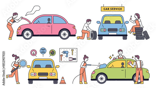 Mechanics perform various car maintenance tasks in a service center.