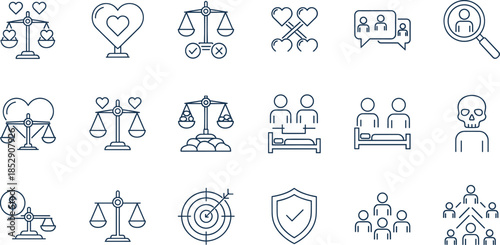 Set of thin line law and ethics icons isolated on white background featuring justice scales hearts people in bed shields and targets