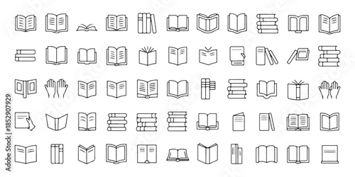 Extensive compilation of black and white book icons, representing reading, education, and literary concepts
