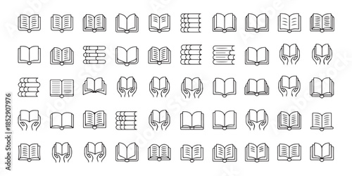 Solid set of book icons, symbols, and signs in a row. library, school and education elements black glyphs