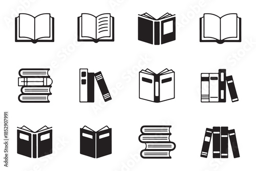 Black and white set of book icons. library, school, education, knowledge elements solid and outline shapes