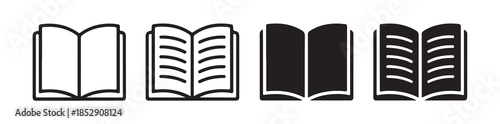 Collection of four distinct open book icons with varying page details, suitable for educational content