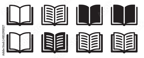 Comprehensive set of eight open book icons, featuring different designs for educational and literary themes