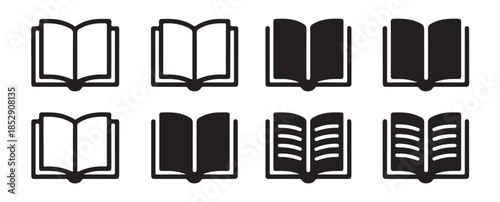 Extensive selection of eight open book icons, presenting diverse visual styles for educational purposes