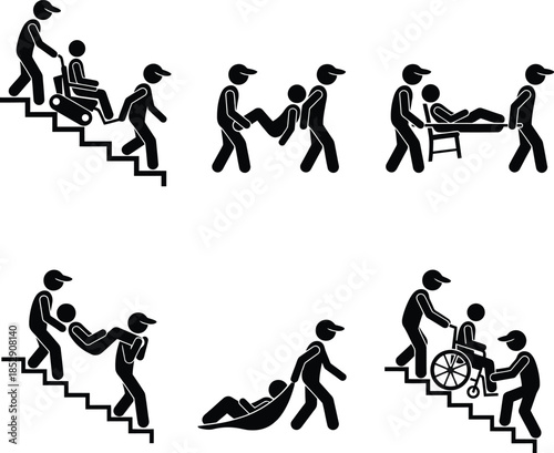 Various methods of patient transport and medical assistance illustrated in stick figure icons