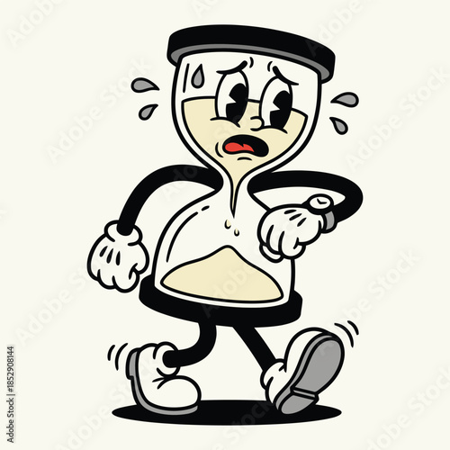 Retro Cartoon Hourglass Rushing and Stressed by Deadline