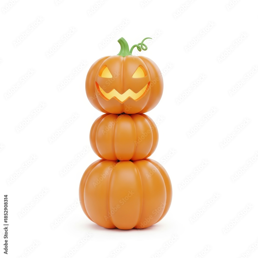 Obraz premium Stack of three orange pumpkins with a carved face on top against a white background